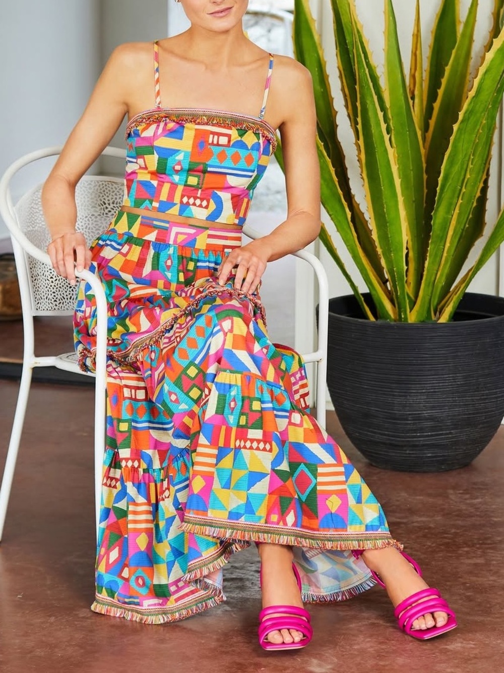 NWT ΑΝΤΟΝΙΟ MELANI Giuliana Geometric Fringe Hem Cotton A- Line Skirt and Top - Picture 3 of 8